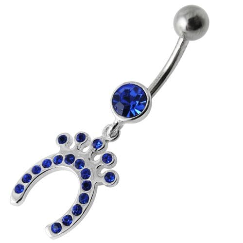 Silver Horseshoe Jeweled Dangling SS Bar Belly Ring - Monster Piercing