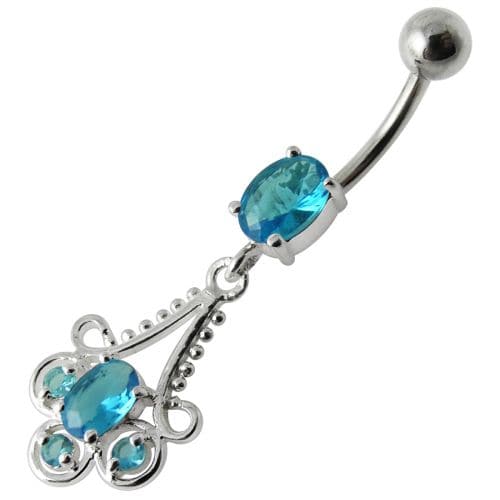 Fancy  Stone Jeweled Dangling  Bar Belly Ring - Monster Piercing