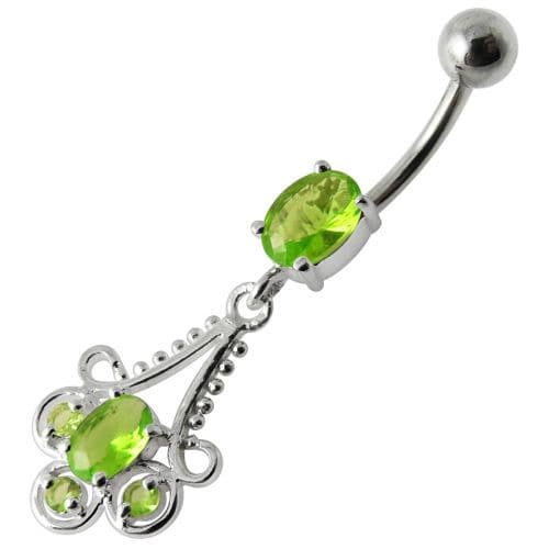 Fancy  Stone Jeweled Dangling  Bar Belly Ring - Monster Piercing