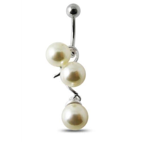 Silver With SS Bar Pearl Navel Ring - Monster Piercing