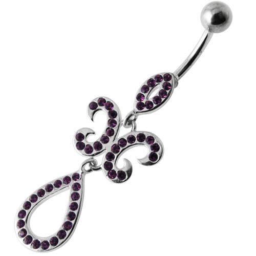 Fancy Studded Jeweled Dangling SS Bar Belly Ring - Monster Piercing