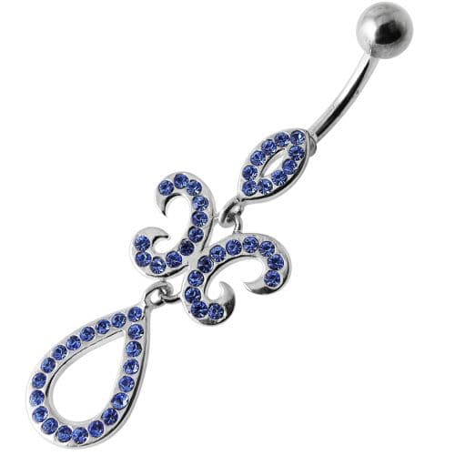 Fancy Studded Jeweled Dangling SS Bar Belly Ring - Monster Piercing