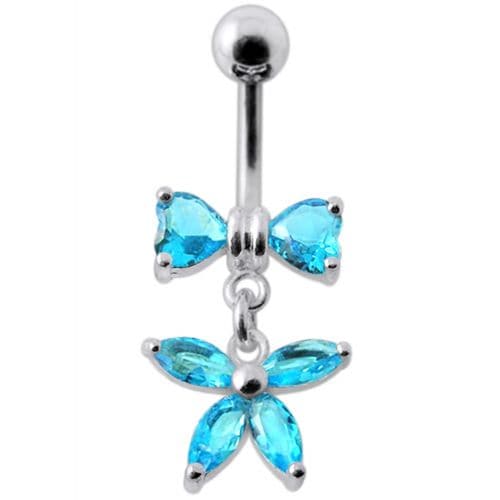 Fancy Jeweled Butterfly with Bow Dangling Surgical Grade Steel Belly Ring - Monster Piercing