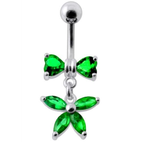 Fancy Jeweled Butterfly with Bow Dangling Surgical Grade Steel Belly Ring - Monster Piercing