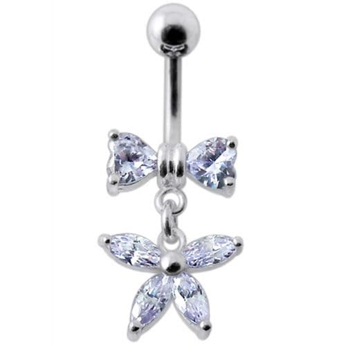 Fancy Jeweled Butterfly with Bow Dangling Surgical Grade Steel Belly Ring - Monster Piercing