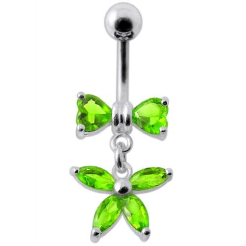 Fancy Jeweled Butterfly with Bow Dangling Surgical Grade Steel Belly Ring - Monster Piercing