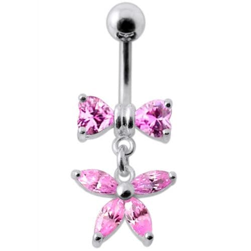 Fancy Jeweled Butterfly with Bow Dangling Surgical Grade Steel Belly Ring - Monster Piercing