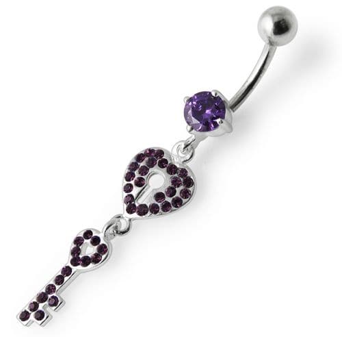 Fancy Jeweled Hear Key Dangling Navel Ring - Monster Piercing