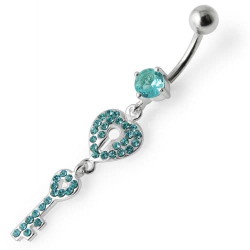 Fancy Jeweled Hear Key Dangling Navel Ring - Monster Piercing