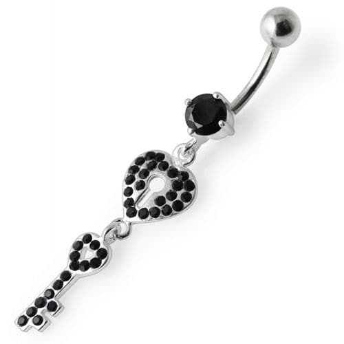 Fancy Jeweled Hear Key Dangling Navel Ring - Monster Piercing