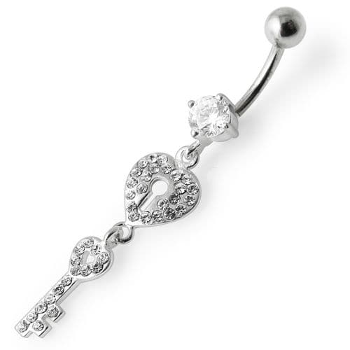 Fancy Jeweled Hear Key Dangling Navel Ring - Monster Piercing