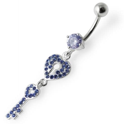 Fancy Jeweled Hear Key Dangling Navel Ring - Monster Piercing