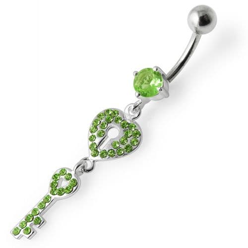 Fancy Jeweled Hear Key Dangling Navel Ring - Monster Piercing