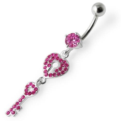 Fancy Jeweled Hear Key Dangling Navel Ring - Monster Piercing