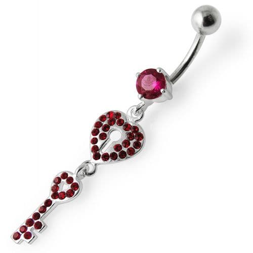 Fancy Jeweled Hear Key Dangling Navel Ring - Monster Piercing