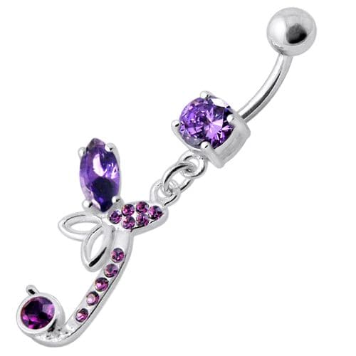 Sterling Silver Fancy Butterfly Jeweled Dangling Curved Bar Belly Ring - Monster Piercing