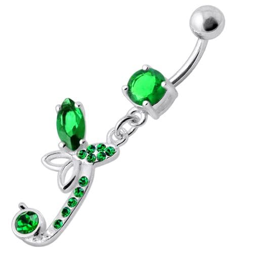 Sterling Silver Fancy Butterfly Jeweled Dangling Curved Bar Belly Ring - Monster Piercing