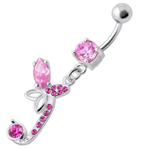 Sterling Silver Fancy Butterfly Jeweled Dangling Curved Bar Belly Ring - Monster Piercing