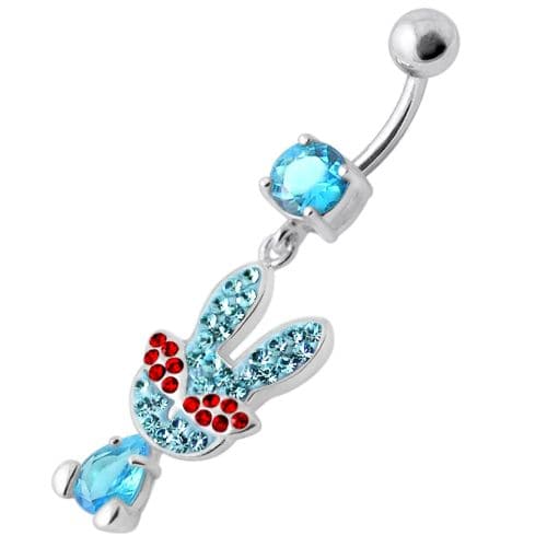 Fancy Rabbit Jeweled Dangling Curved Bar Belly Ring - Monster Piercing