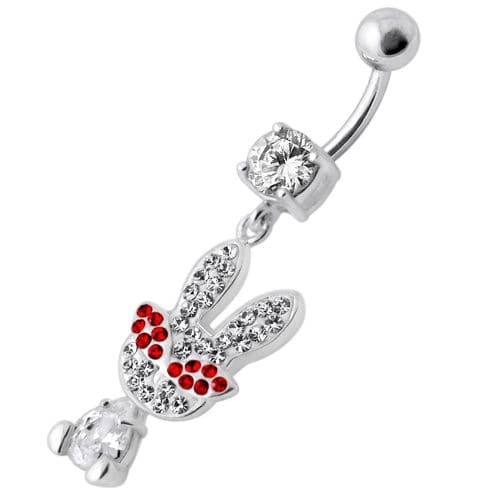 Fancy Rabbit Jeweled Dangling Curved Bar Belly Ring - Monster Piercing