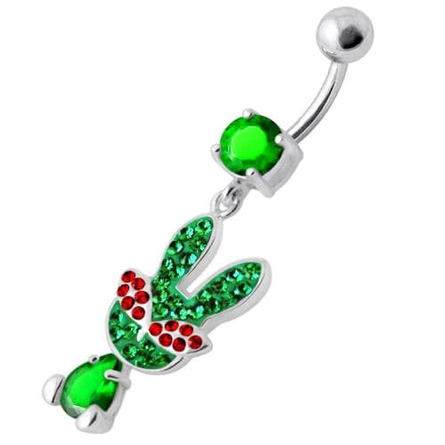 Fancy Rabbit Jeweled Dangling Curved Bar Belly Ring - Monster Piercing