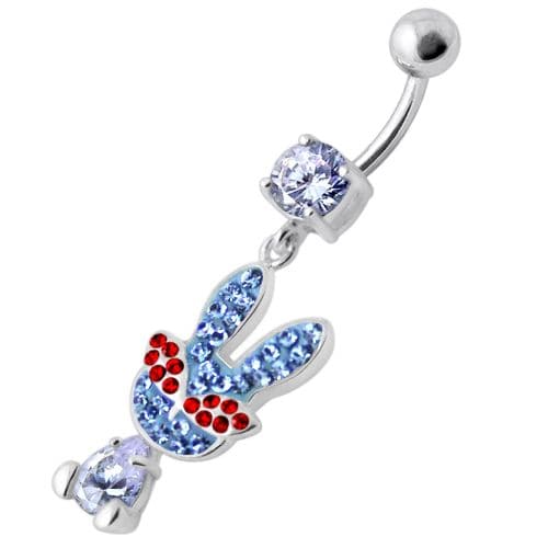 Fancy Rabbit Jeweled Dangling Curved Bar Belly Ring - Monster Piercing