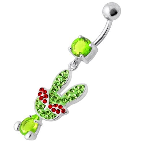 Fancy Rabbit Jeweled Dangling Curved Bar Belly Ring - Monster Piercing