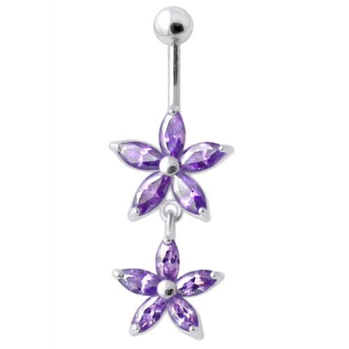 Jeweled Multi Flower Silver Dangling Belly Button Ring - Monster Piercing