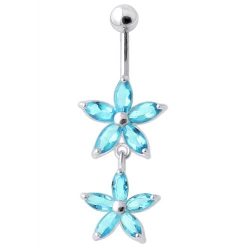 Jeweled Multi Flower Silver Dangling Belly Button Ring - Monster Piercing