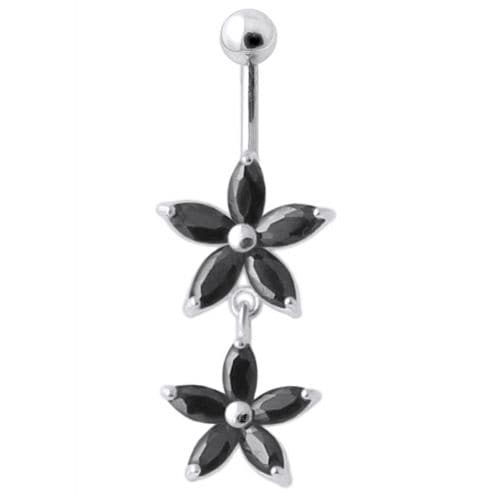 Jeweled Multi Flower Silver Dangling Belly Button Ring - Monster Piercing