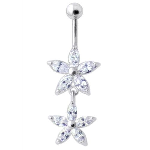 Jeweled Multi Flower Silver Dangling Belly Button Ring - Monster Piercing