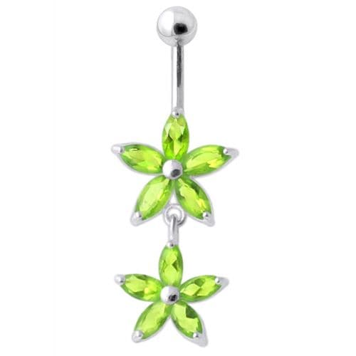 Jeweled Multi Flower Silver Dangling Belly Button Ring - Monster Piercing