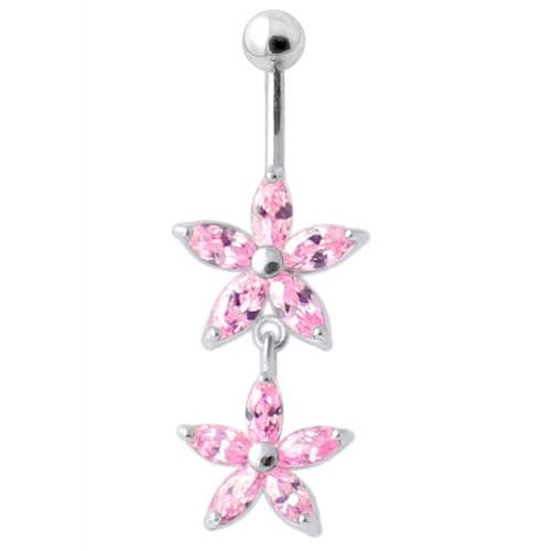 Jeweled Multi Flower Silver Dangling Belly Button Ring - Monster Piercing