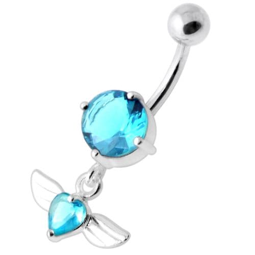 Jeweled Flying Heart Silver Belly Bar - Monster Piercing