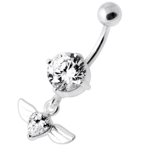 Jeweled Flying Heart Silver Belly Bar - Monster Piercing