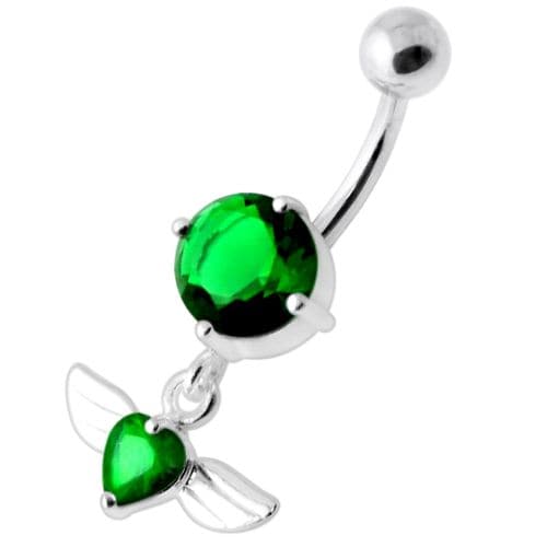 Jeweled Flying Heart Silver Belly Bar - Monster Piercing