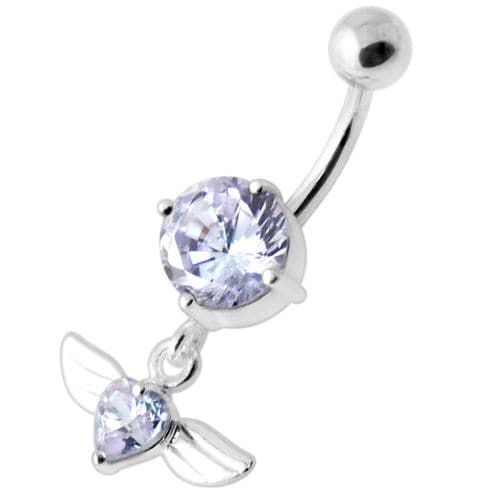 Jeweled Flying Heart Silver Belly Bar - Monster Piercing