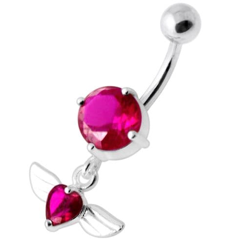 Jeweled Flying Heart Silver Belly Bar - Monster Piercing