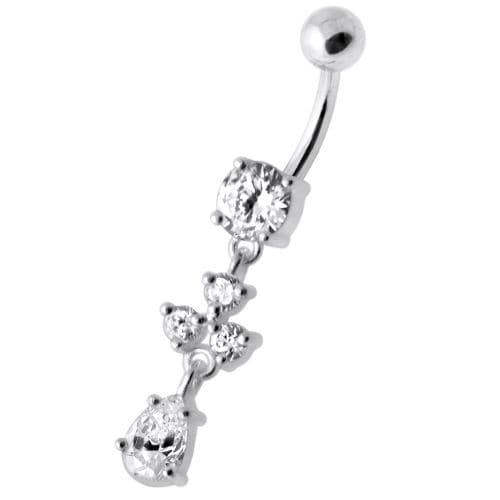 Tri Round Jeweled Dangling Silver Belly Bar - Monster Piercing