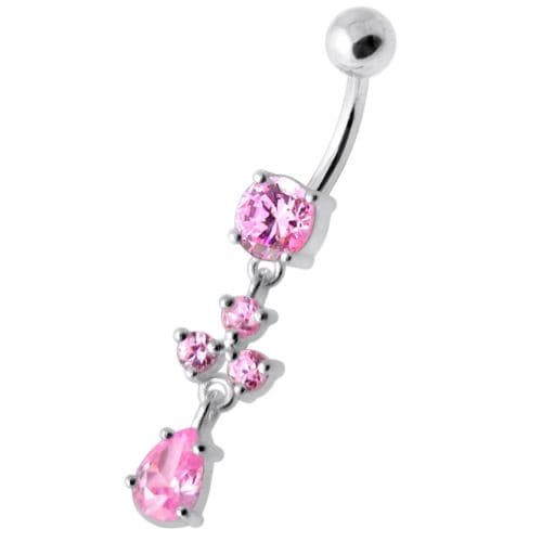 Tri Round Jeweled Dangling Silver Belly Bar - Monster Piercing