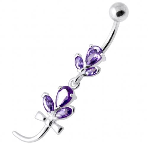 Tri Gems with tail Dangling Silver Belly Ring - Monster Piercing