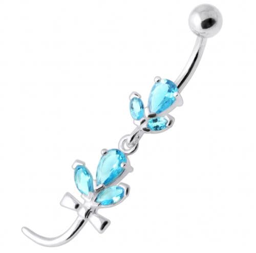 Tri Gems with tail Dangling Silver Belly Ring - Monster Piercing