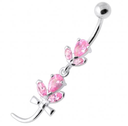 Tri Gems with tail Dangling Silver Belly Ring - Monster Piercing