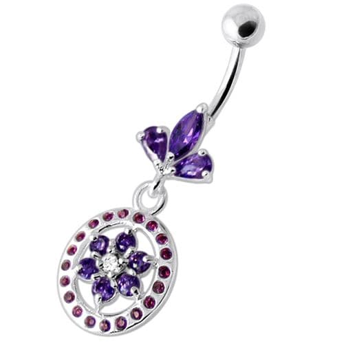 Flower in multi Jeweled Round Frame Navel Bar - Monster Piercing