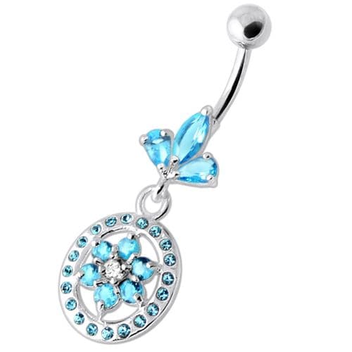 Flower in multi Jeweled Round Frame Navel Bar - Monster Piercing