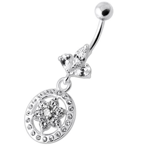 Flower in multi Jeweled Round Frame Navel Bar - Monster Piercing