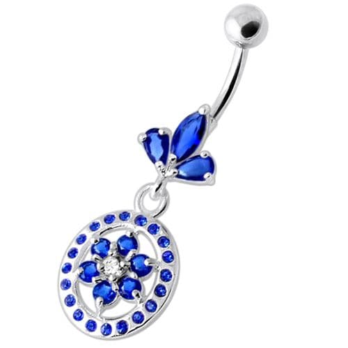 Flower in multi Jeweled Round Frame Navel Bar - Monster Piercing