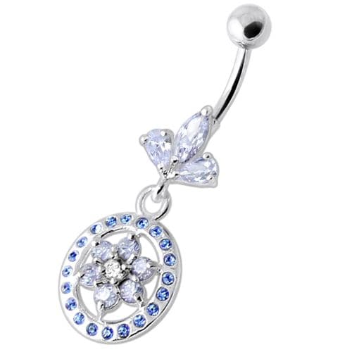 Flower in multi Jeweled Round Frame Navel Bar - Monster Piercing