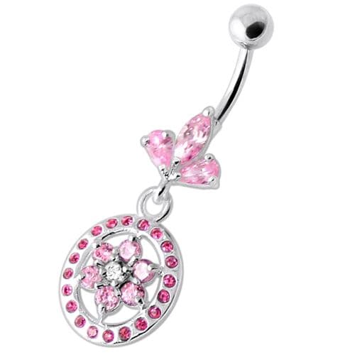 Flower in multi Jeweled Round Frame Navel Bar - Monster Piercing