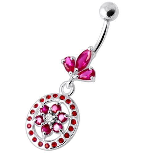 Flower in multi Jeweled Round Frame Navel Bar - Monster Piercing